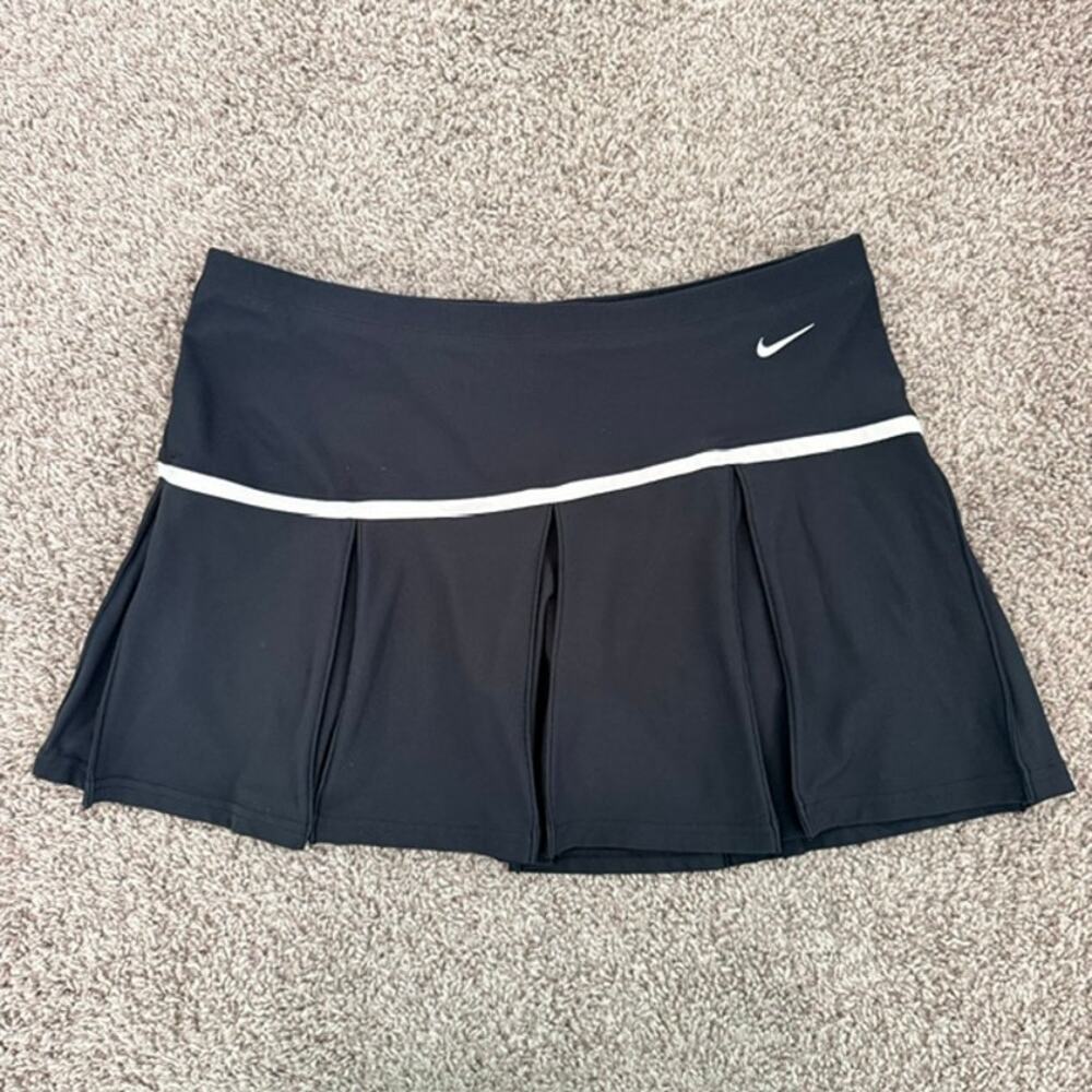 Nike FIT DRY Skort Pleats Black w/White Trim Swoosh Athletic Tennis Run Women L
